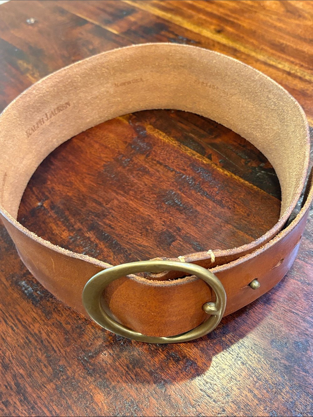 Vintage Ralph Lauren 80s Wide Brown Leather Belt with Round Brass Buckle Small - Picture 9 of 14